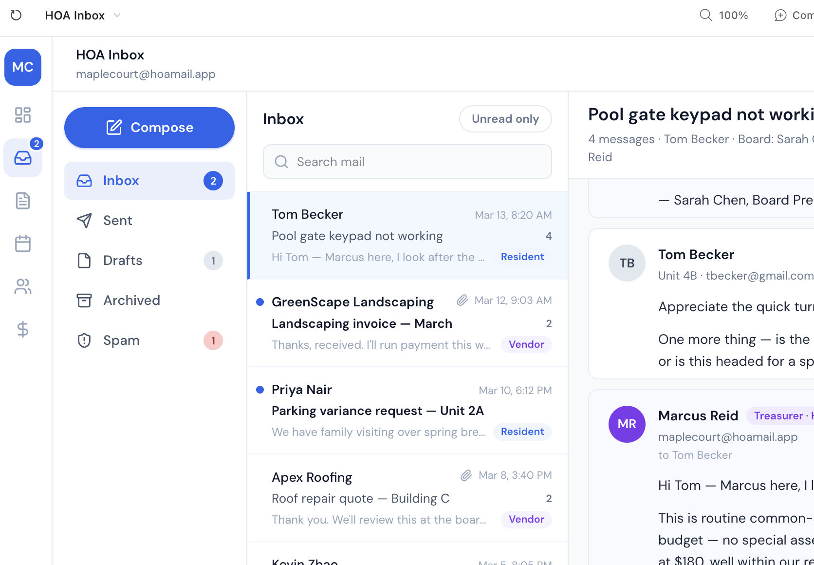The redesigned Fourplex HOA Inbox with folder rail, conversation list with Resident and Vendor badges, and a threaded reading pane