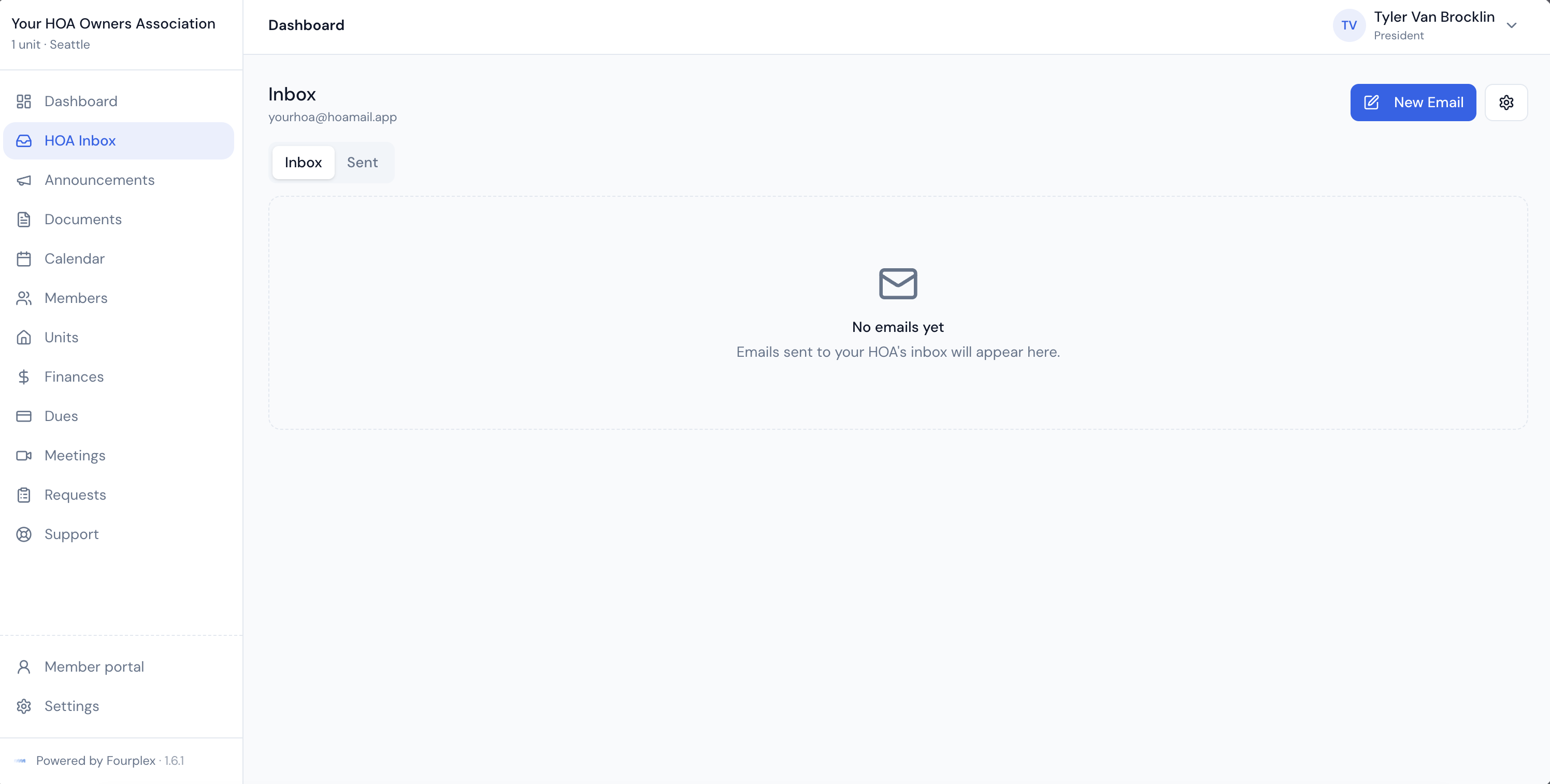 The previous Fourplex HOA Inbox with Inbox and Sent tabs and an empty mailbox state