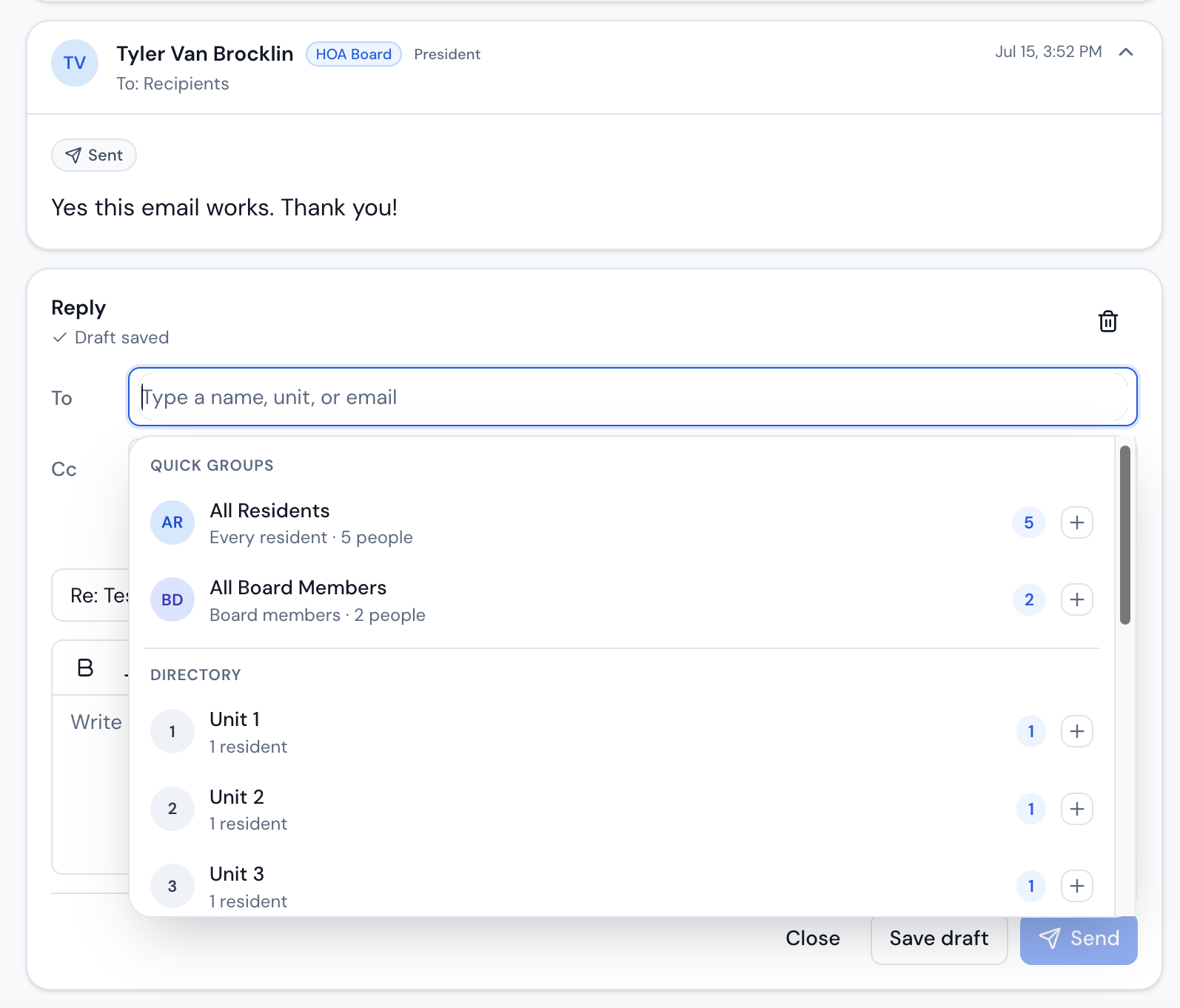 Reply composer with recipient autocomplete showing All Residents, All Board Members, and unit directory entries